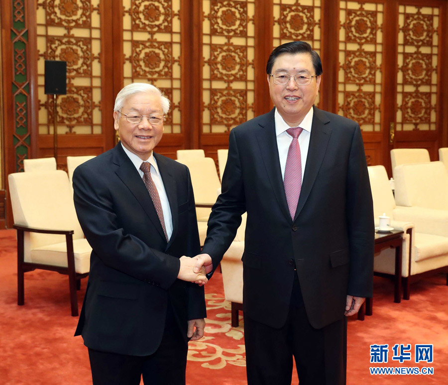 1月13日，中共中央政治局常委、全國人大常委會委員長張德江在北京人民大會堂會見越共中央總書記阮富仲。 新華社記者 劉衛(wèi)兵 攝