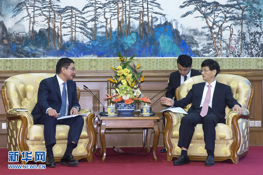 7月19日，中共中央政治局委員、中央政法委書記孟建柱在北京會見烏茲別克斯坦副總理庫奇卡羅夫。 新華社記者崔新鈺攝