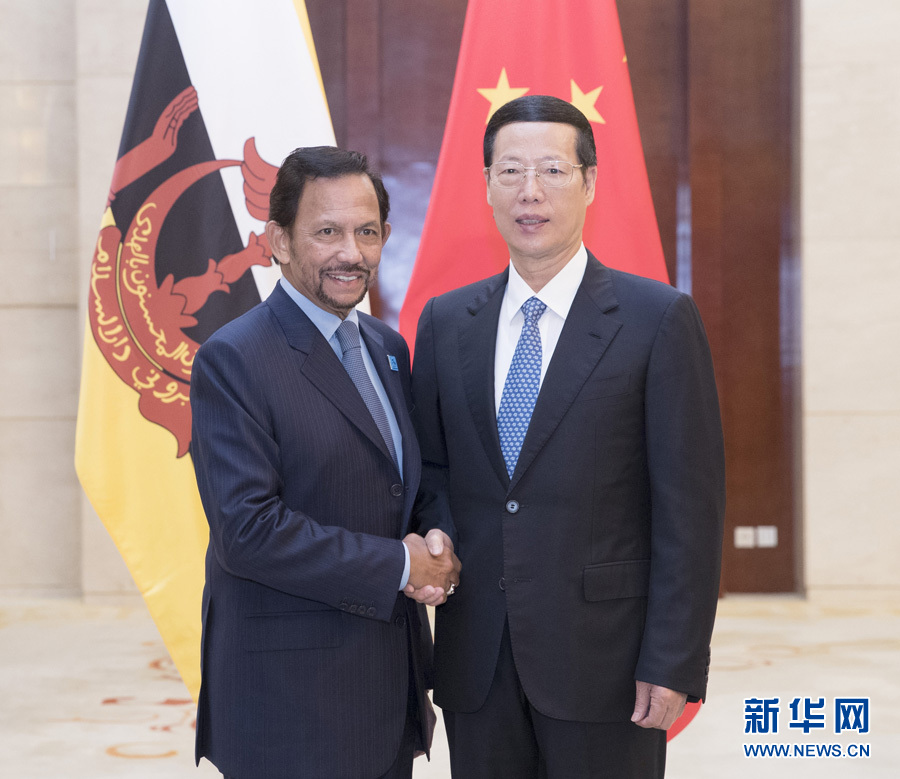 9月11日，中共中央政治局常委、國(guó)務(wù)院副總理張高麗在廣西南寧會(huì)見(jiàn)前來(lái)出席第十四屆中國(guó)－東盟博覽會(huì)和中國(guó)－東盟商務(wù)與投資峰會(huì)的文萊蘇丹哈桑納爾。新華社記者王曄攝