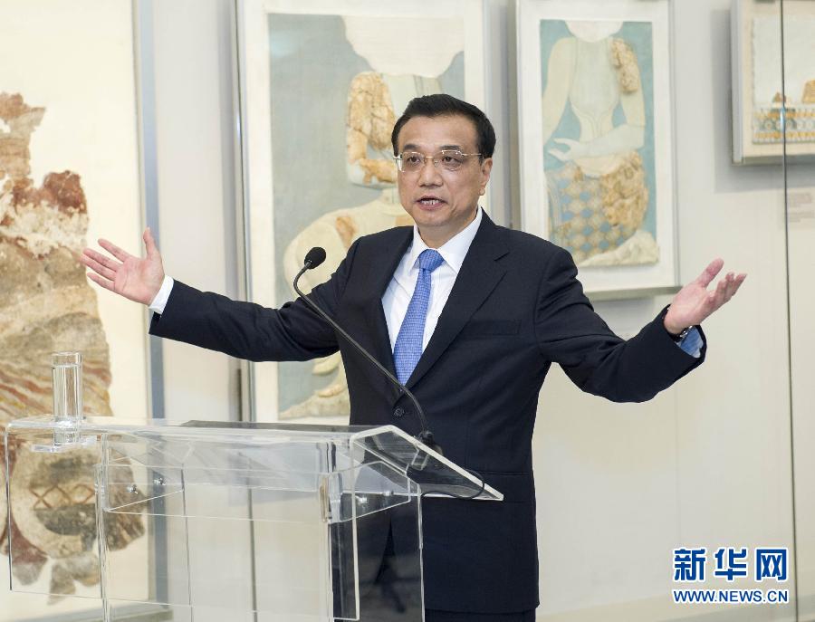 6月21日，國務(wù)院總理李克強與希臘總理薩馬拉斯共同出席希臘伊拉克利翁博物館新館開館儀式并發(fā)表講話。 新華社記者 王曄 攝