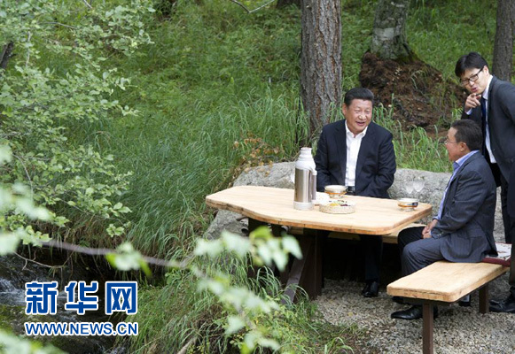 8月22日，國家主席習近平同蒙古國總統(tǒng)額勒貝格道爾吉在烏蘭巴托市郊的總統(tǒng)官邸再次會晤。這是習近平同額勒貝格道爾吉會晤后在溪畔飲茶。新華社記者 黃敬文 攝