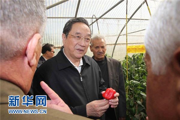 11月8日，正在約旦進(jìn)行正式友好訪問的全國(guó)政協(xié)主席俞正聲在約旦河谷參觀碩果農(nóng)業(yè)合作社。 新華社記者 劉衛(wèi)兵 攝 