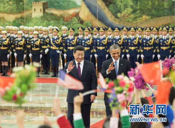 11月12日，國家主席習(xí)近平在北京人民大會堂舉行歡迎儀式，歡迎美國總統(tǒng)奧巴馬對中國進(jìn)行國事訪問。 新華社記者 黃敬文 攝
