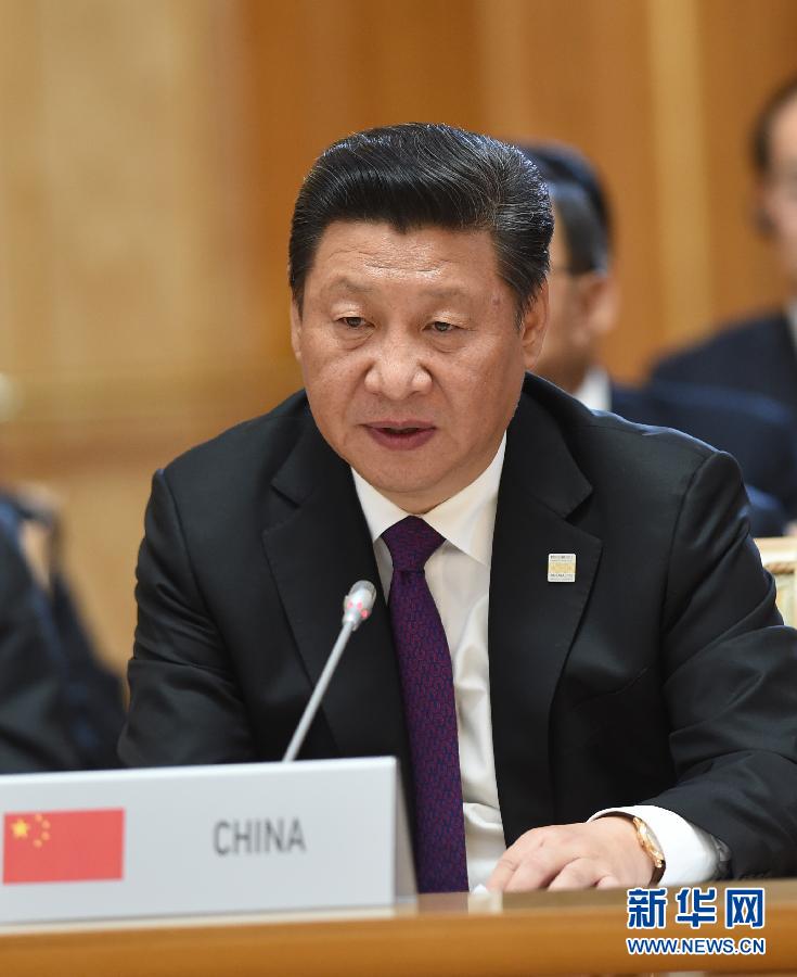 7月9日，金磚國家領(lǐng)導(dǎo)人第七次會(huì)晤在俄羅斯烏法舉行。中國國家主席習(xí)近平、俄羅斯總統(tǒng)普京、巴西總統(tǒng)羅塞夫、印度總理莫迪、南非總統(tǒng)祖馬出席。這是習(xí)近平發(fā)表題為《共建伙伴關(guān)系　共創(chuàng)美好未來》的主旨講話。新華社記者 饒愛民 攝 